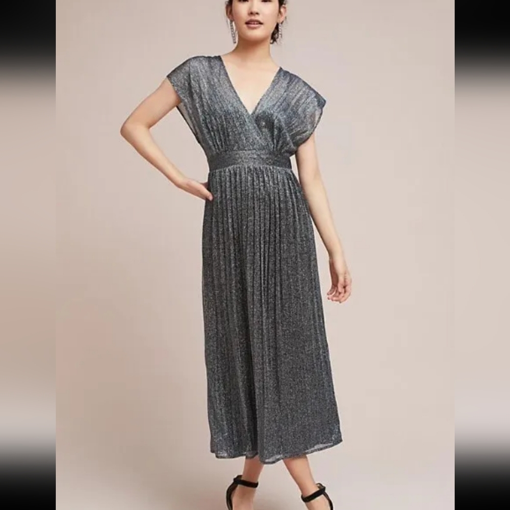 Metallic Gray V-Neck Pleated Midi Dress